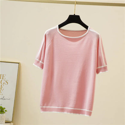 Camisetas Mujer New Thin Knitted T Shirt Women Short Sleeve Summer Tops Woman Clothes Striped Fashion T-Shirt Tee Shirt Femme