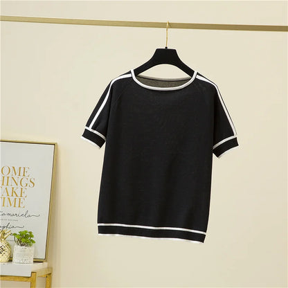 Camisetas Mujer New Thin Knitted T Shirt Women Short Sleeve Summer Tops Woman Clothes Striped Fashion T-Shirt Tee Shirt Femme