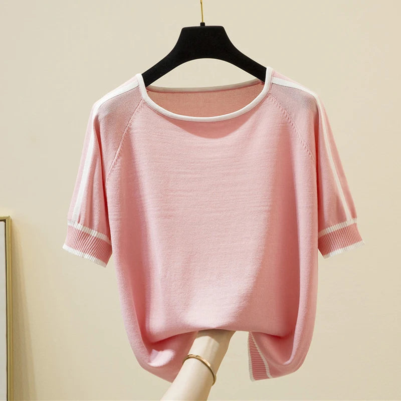 Camisetas Mujer New Thin Knitted T Shirt Women Short Sleeve Summer Tops Woman Clothes Striped Fashion T-Shirt Tee Shirt Femme