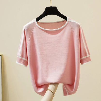 Camisetas Mujer New Thin Knitted T Shirt Women Short Sleeve Summer Tops Woman Clothes Striped Fashion T-Shirt Tee Shirt Femme