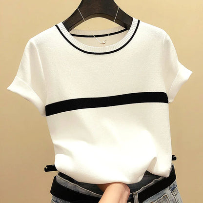 Camisetas Mujer New Thin Knitted T Shirt Women Short Sleeve Summer Tops Woman Clothes Striped Fashion T-Shirt Tee Shirt Femme