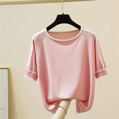 Camisetas Mujer New Thin Knitted T Shirt Women Short Sleeve Summer Tops Woman Clothes Striped Fashion T-Shirt Tee Shirt Femme