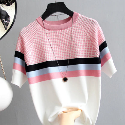 Camisetas Mujer New Thin Knitted T Shirt Women Short Sleeve Summer Tops Woman Clothes Striped Fashion T-Shirt Tee Shirt Femme