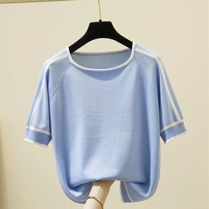 Camisetas Mujer New Thin Knitted T Shirt Women Short Sleeve Summer Tops Woman Clothes Striped Fashion T-Shirt Tee Shirt Femme