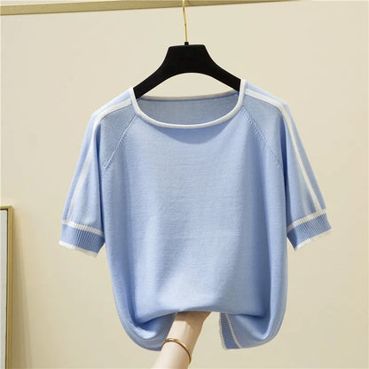 Camisetas Mujer New Thin Knitted T Shirt Women Short Sleeve Summer Tops Woman Clothes Striped Fashion T-Shirt Tee Shirt Femme