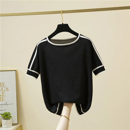 Camisetas Mujer New Thin Knitted T Shirt Women Short Sleeve Summer Tops Woman Clothes Striped Fashion T-Shirt Tee Shirt Femme