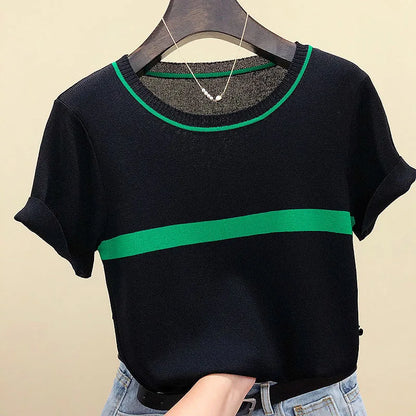 Camisetas Mujer New Thin Knitted T Shirt Women Short Sleeve Summer Tops Woman Clothes Striped Fashion T-Shirt Tee Shirt Femme