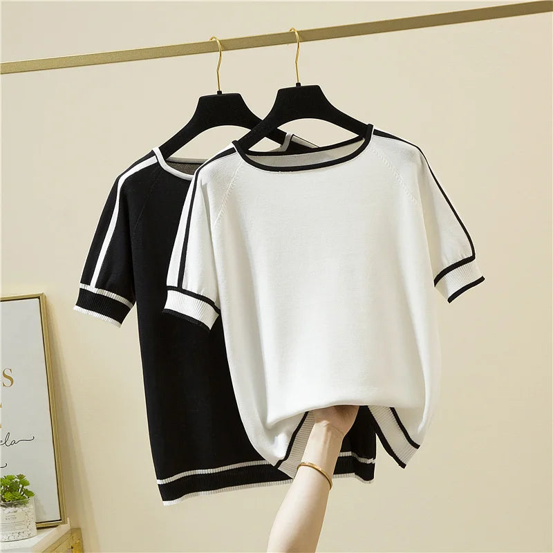 Camisetas Mujer New Thin Knitted T Shirt Women Short Sleeve Summer Tops Woman Clothes Striped Fashion T-Shirt Tee Shirt Femme