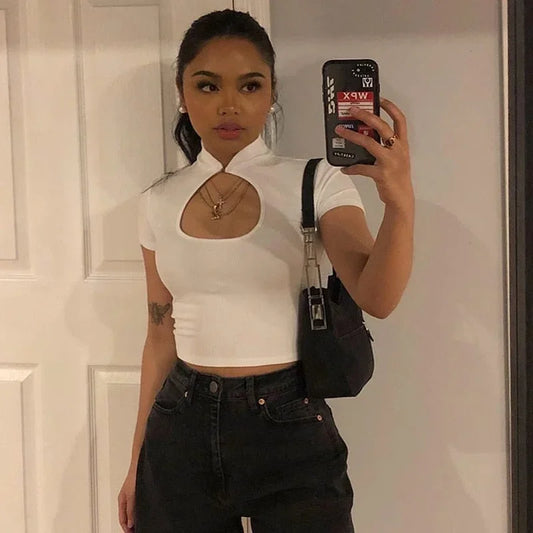 Summer Casual Black Women T-shirts Harajuku Short Sleeve Crop Top T Shirt Hollow Out Sexy Tee Shirt