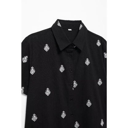 Conjunto Elegance: casual com 2 peças bordados com camisa tipo top de manga curta e lapela combinando calças largas