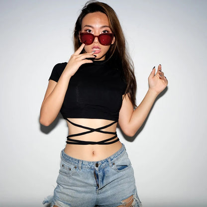 Y2K Women Backless Hollow Out T Shirt Sexy Bandage Crop Tops O-neck Tshirt Black Streetwear Short Sleeve Slim Bodycon T-shirt