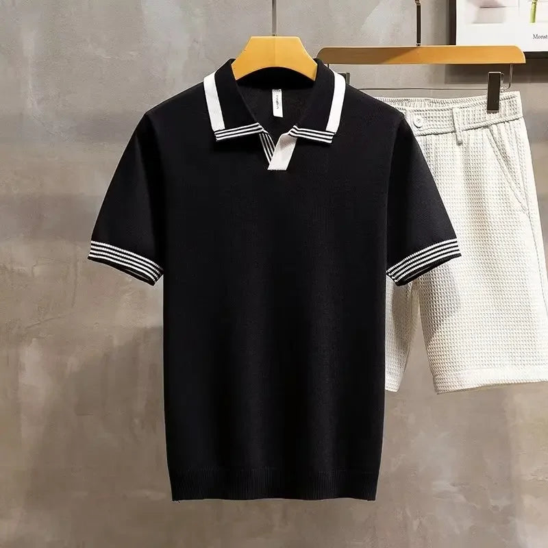 Camisa polo masculina Vintage: confortável, estilo verão, malha, com lapela de manga curta