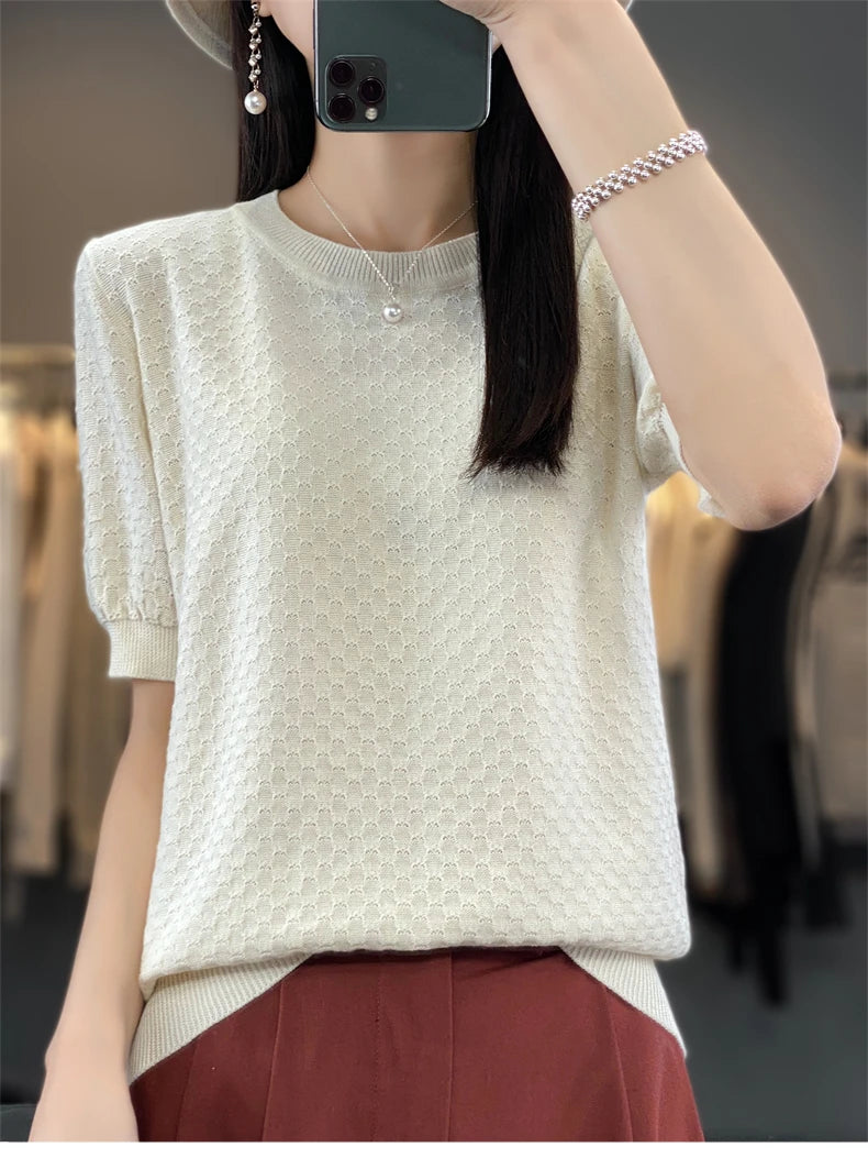 Pure Cotton Hollow Short-Sleeved Ladies Spring And Summer Loose Slim New Joker Knit Bottoming T-Shirt