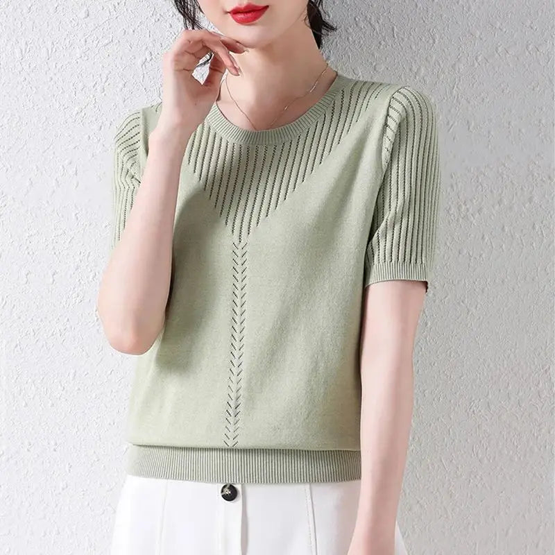 Summer Casual Fashion Hollow Out Solid Color Knitting T-shirt Ladies Short Sleeve Loose All-match Tee Women Simple Pullover Top