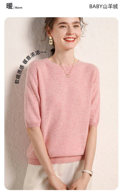 100% cashmere women's sweater short sleeved knitted O-neck five quarter sleeve fashionable hot selling women's T-shirt