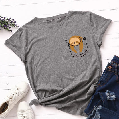 JFUNCY Short Sleeve Tee Women Top Oversized Cotton T-Shirt Female Summer Clothes Cute Sloth Pocket Graphic 2024 Women's T Shirts
