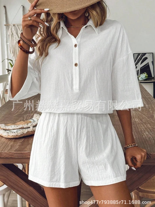 Women's Cotton and Linen Single Breasted Cardigan & Shorts Two-Piece Set 2024 Summer New Fashion Women Casual Shorts Outfits