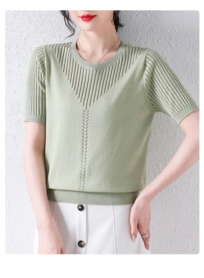 Summer Casual Fashion Hollow Out Solid Color Knitting T-shirt Ladies Short Sleeve Loose All-match Tee Women Simple Pullover Top