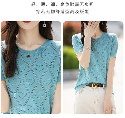 New Summer Fashion 100% Pure Cotton Women's Sweater Short sleeved Casual O-neck Pullover T-shirt Loose Knitted Hollow Top