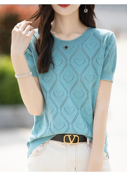 New Summer Fashion 100% Pure Cotton Women's Sweater Short sleeved Casual O-neck Pullover T-shirt Loose Knitted Hollow Top