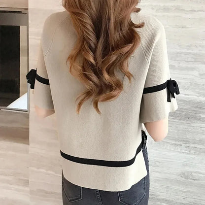 Oversize Knit Women Three Quarter T-Shirt Top Summer Causal Elegant Short Sleeve Camisetas Korean Fashion Loose Knitwear Tee New