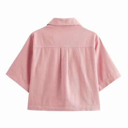 Conjuntos femininos em jeans: camisa gola com manga curta e bolso decoração +  shorts cintura média assimétrico