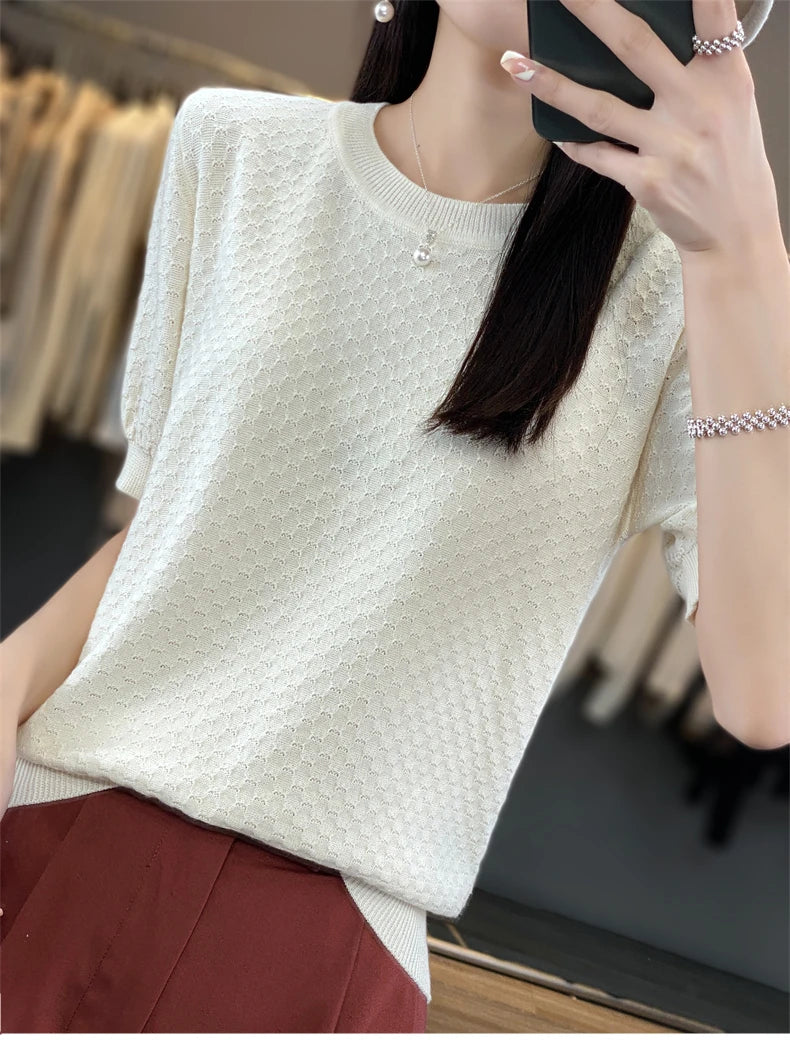 Pure Cotton Hollow Short-Sleeved Ladies Spring And Summer Loose Slim New Joker Knit Bottoming T-Shirt