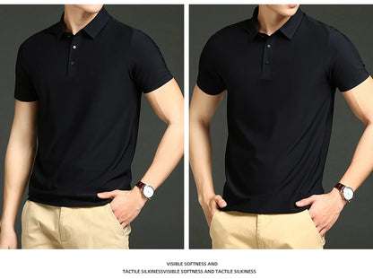 Camisa polo masculina de malha fina: elástica, respirável, polo com lapela casual