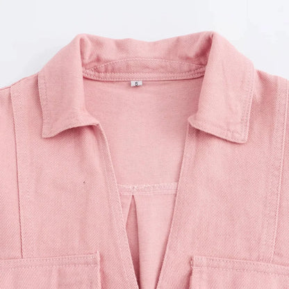 Conjuntos femininos em jeans: camisa gola com manga curta e bolso decoração +  shorts cintura média assimétrico