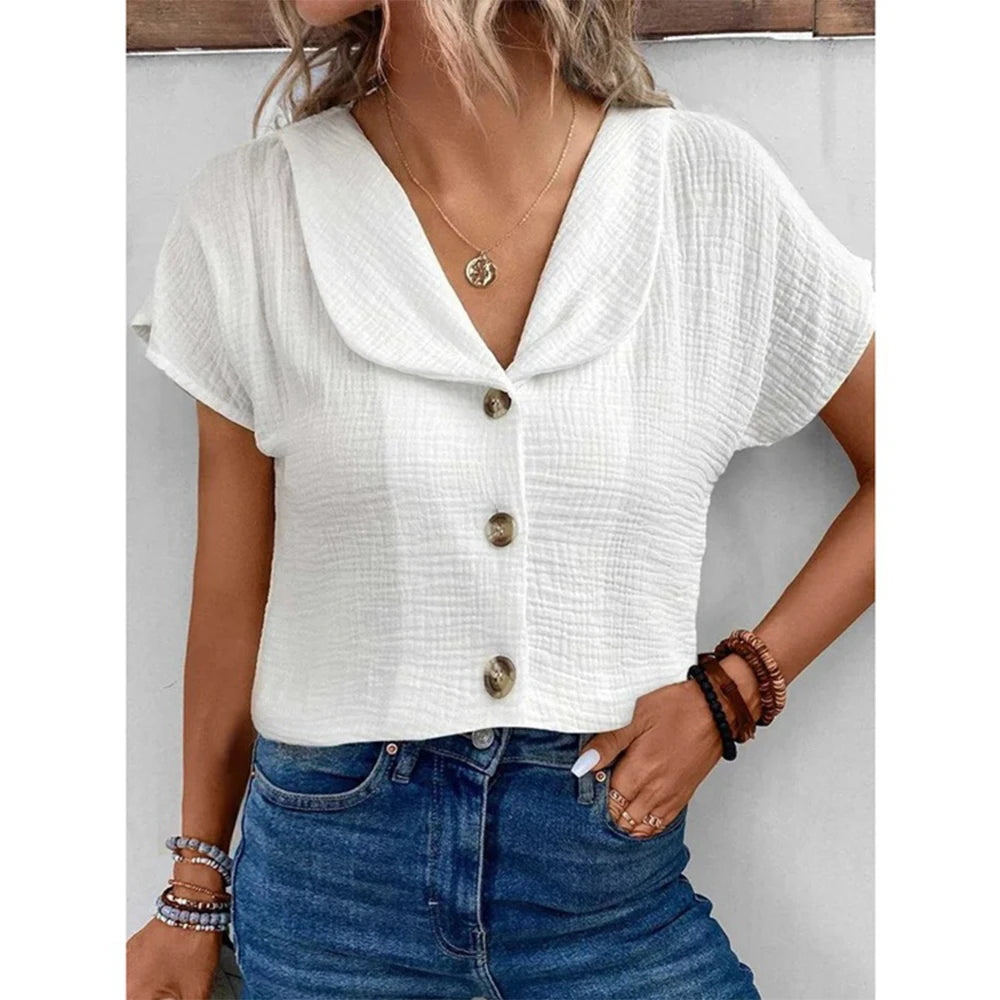 Simple Solid Color Blouse Women's Summer V-neck Button Short Sleeve Lady Work T-shirt Tops