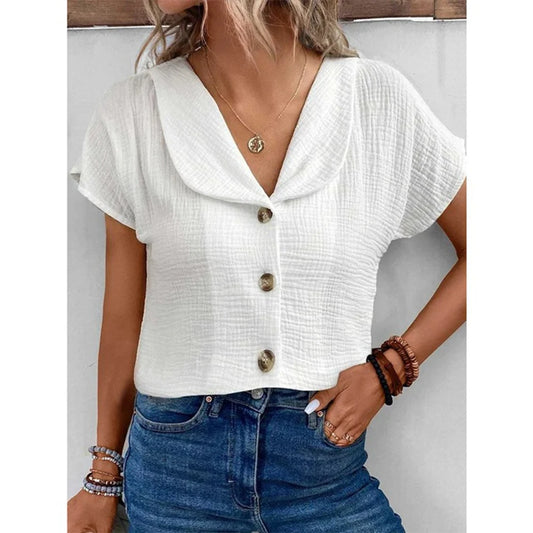 Simple Solid Color Blouse Women's Summer V-neck Button Short Sleeve Lady Work T-shirt Tops