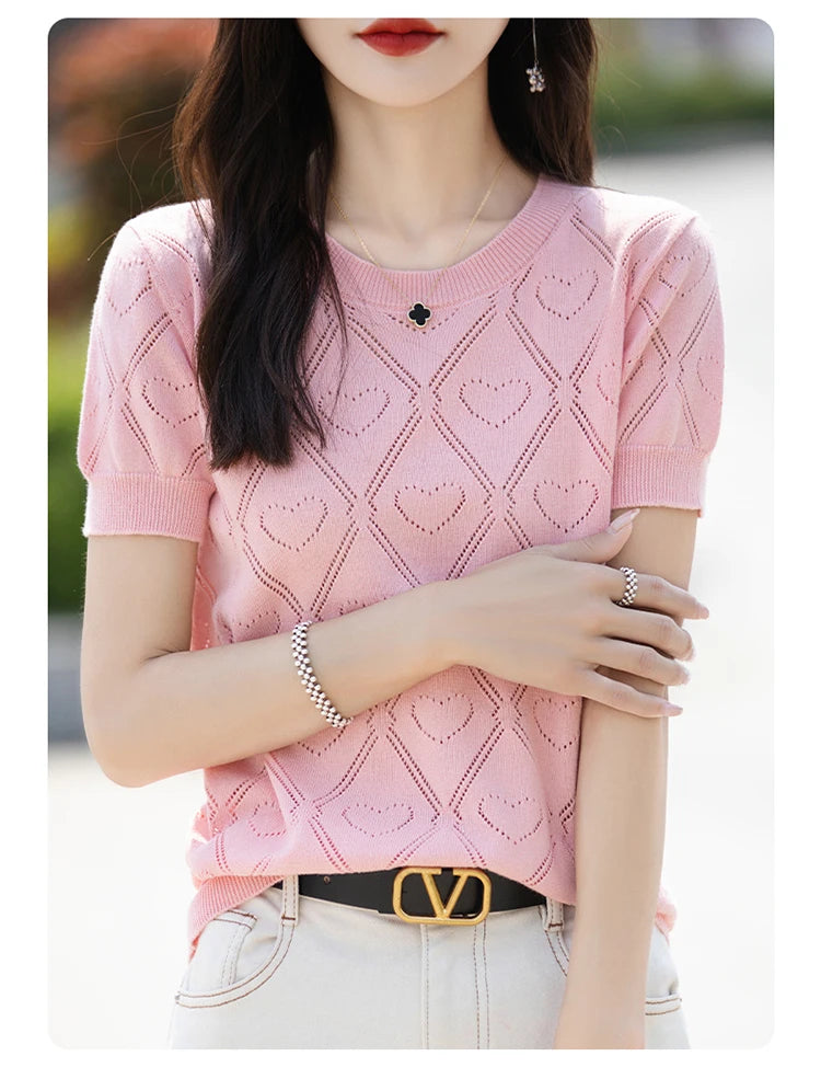 New Summer Fashion 100% Pure Cotton Women's Sweater Short sleeved Casual O-neck Pullover T-shirt Loose Knitted Hollow Top