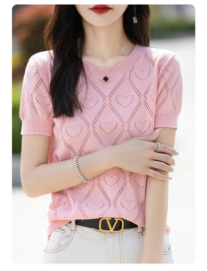 New Summer Fashion 100% Pure Cotton Women's Sweater Short sleeved Casual O-neck Pullover T-shirt Loose Knitted Hollow Top