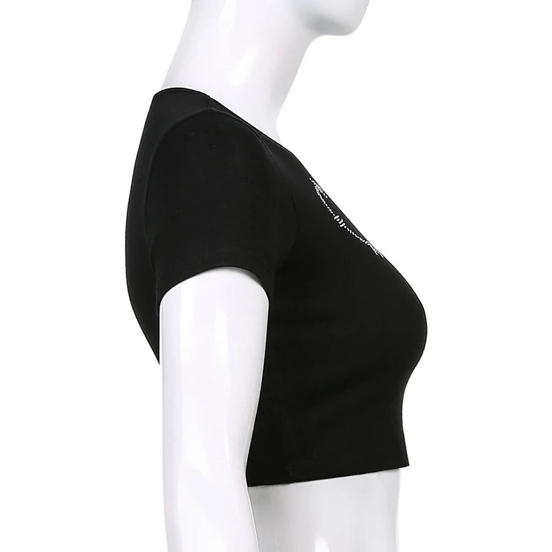 Y2K Women Backless Hollow Out T Shirt Sexy Bandage Crop Tops O-neck Tshirt Black Streetwear Short Sleeve Slim Bodycon T-shirt