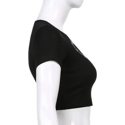 Y2K Women Backless Hollow Out T Shirt Sexy Bandage Crop Tops O-neck Tshirt Black Streetwear Short Sleeve Slim Bodycon T-shirt