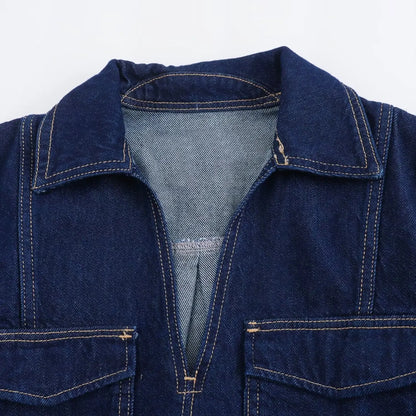 Conjunto feminina em jeans: camisa colarinho degotado com manga curta e bolso decoração + shorts cintura média assimétricos