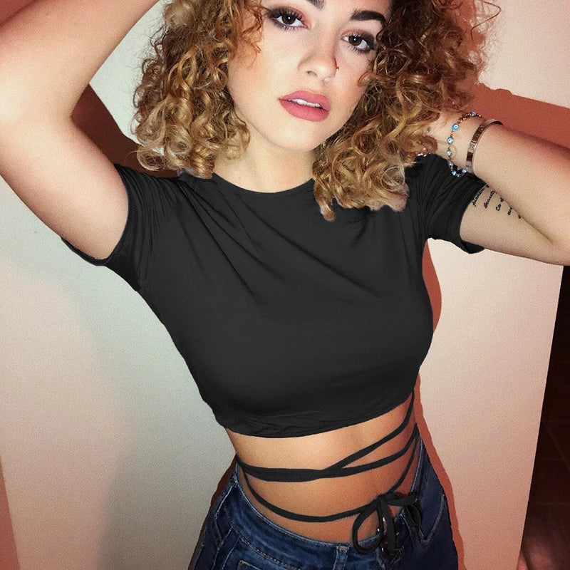 Y2K Women Backless Hollow Out T Shirt Sexy Bandage Crop Tops O-neck Tshirt Black Streetwear Short Sleeve Slim Bodycon T-shirt
