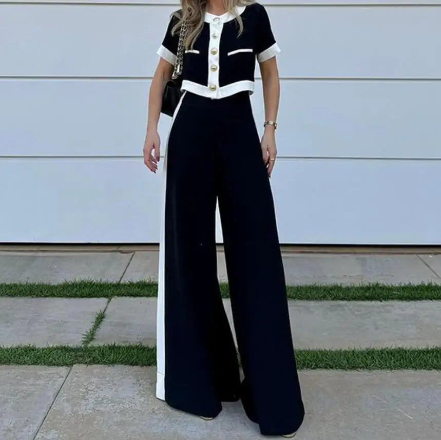 Conjunto camisa manga curta com botão + calça de perna reta larga