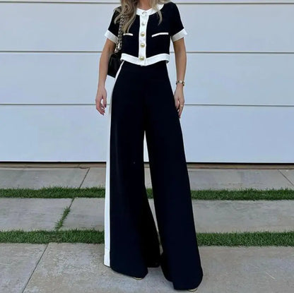 Conjunto camisa manga curta com botão + calça de perna reta larga