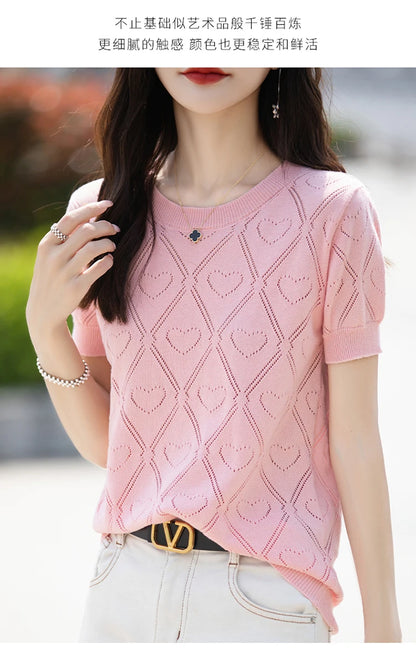 New Summer Fashion 100% Pure Cotton Women's Sweater Short sleeved Casual O-neck Pullover T-shirt Loose Knitted Hollow Top