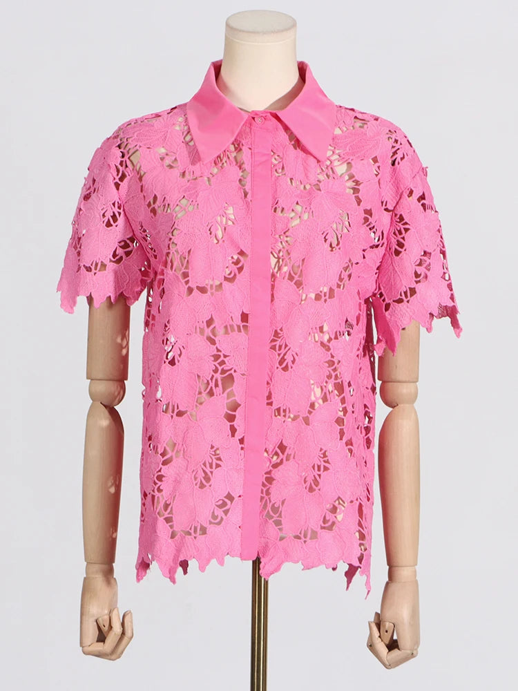 VGH Solid Two Piece Sets For Women Lapel Short Sleeve Spliced Single Breasted Shirts High Waist Shorts Hollow Out Set Female New