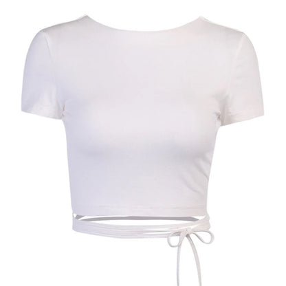 Y2K Women Backless Hollow Out T Shirt Sexy Bandage Crop Tops O-neck Tshirt Black Streetwear Short Sleeve Slim Bodycon T-shirt