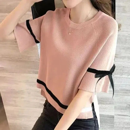 Oversize Knit Women Three Quarter T-Shirt Top Summer Causal Elegant Short Sleeve Camisetas Korean Fashion Loose Knitwear Tee New