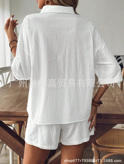 Women's Cotton and Linen Single Breasted Cardigan & Shorts Two-Piece Set 2024 Summer New Fashion Women Casual Shorts Outfits