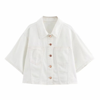 Conjuntos femininos em jeans: camisa gola com manga curta e bolso decoração +  shorts cintura média assimétrico