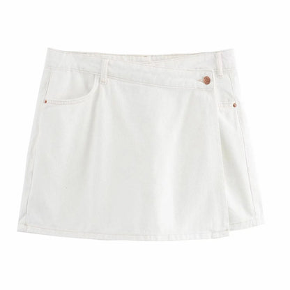 Conjuntos femininos em jeans: camisa gola com manga curta e bolso decoração +  shorts cintura média assimétrico