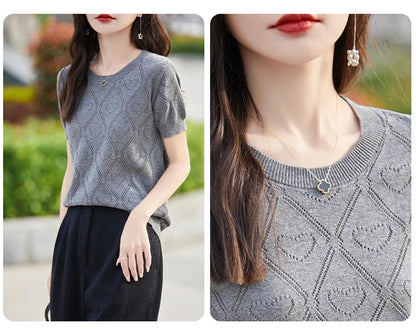 New Summer Fashion 100% Pure Cotton Women's Sweater Short sleeved Casual O-neck Pullover T-shirt Loose Knitted Hollow Top