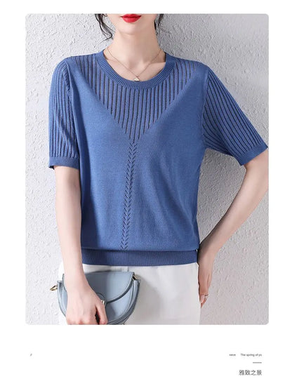 Summer Casual Fashion Hollow Out Solid Color Knitting T-shirt Ladies Short Sleeve Loose All-match Tee Women Simple Pullover Top