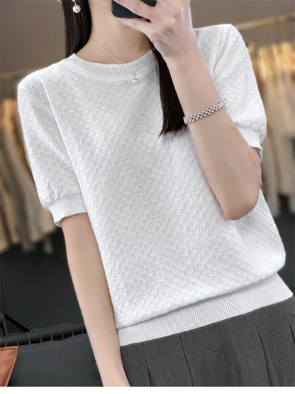 Pure Cotton Hollow Short-Sleeved Ladies Spring And Summer Loose Slim New Joker Knit Bottoming T-Shirt