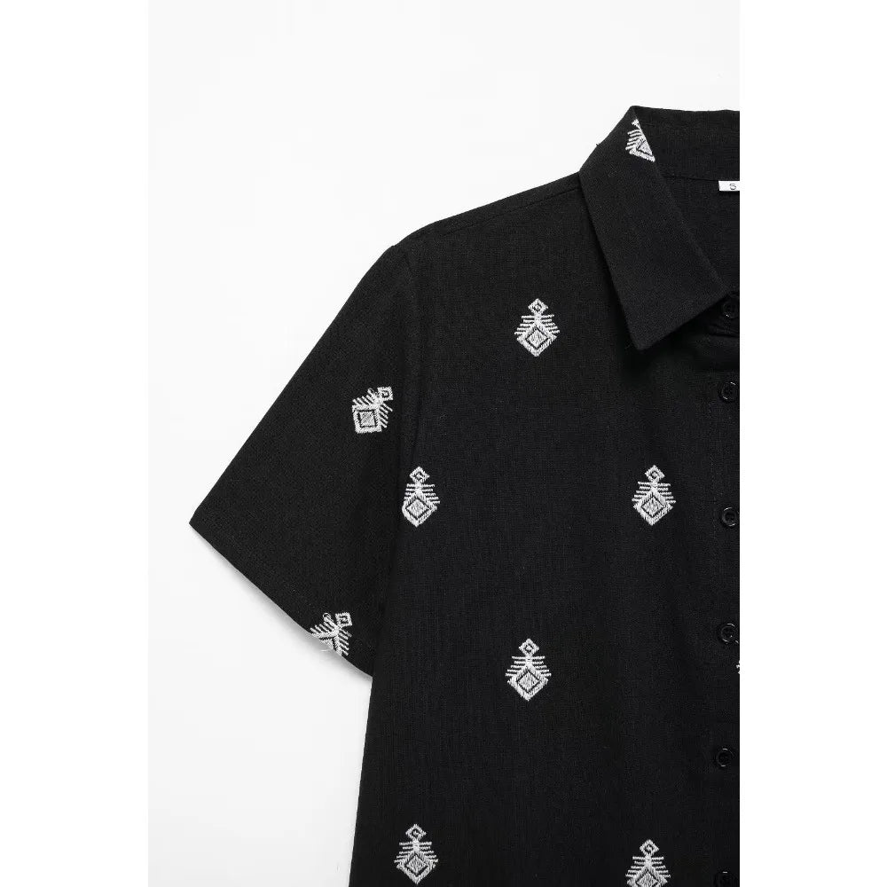 Conjunto Elegance: casual com 2 peças bordados com camisa tipo top de manga curta e lapela combinando calças largas